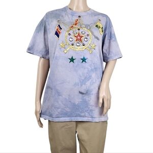 Cache Embellished Flag Star Crest Tie-Dye Graphic Tee Blue Short Sleeve